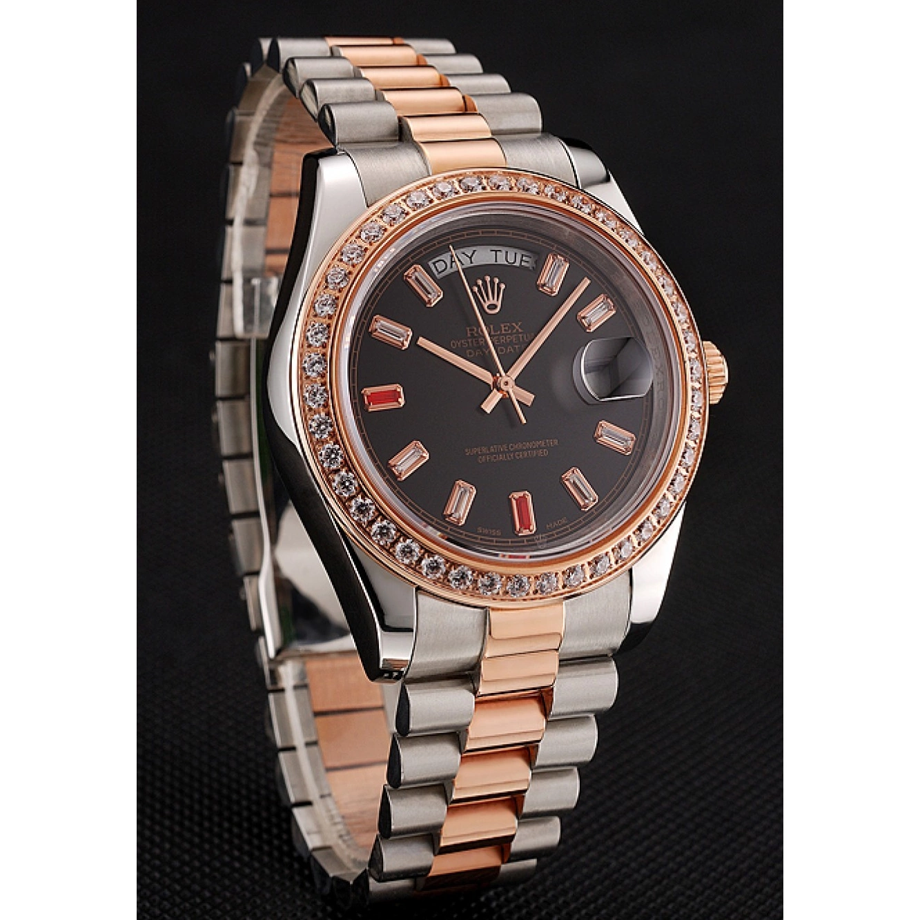 Aaa replica watch 1454106 Rolex Gold Dial And Black Day-Date Rubies Diamonds Swiss Staineless And Rose Steel Bracelet 0629